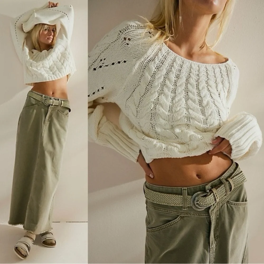 Free People Sandre Pullover Sweater White Cable Knit Crop Cotton Blend Medium - Picture 7 of 7